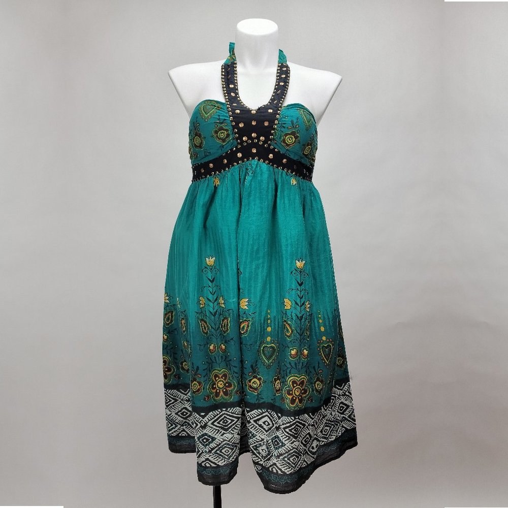 Magic Teal Floral Cotton Halter‎ Dress Studded Boho Smocked Back Medium